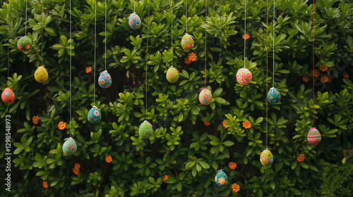  Easter eggs hanging in front of vibrant texture of dense green bushes
