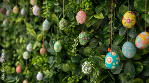  Easter eggs hanging in front of vibrant texture of dense green bushes