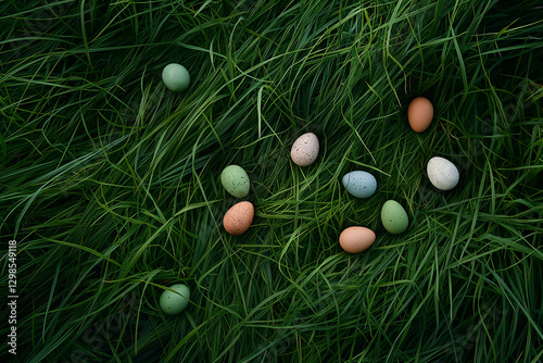 Top down view of grass with solid color Easter Eggs all over the grass
