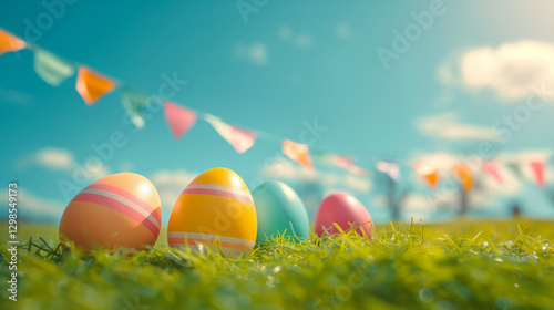 Colorful Easter eggs on grass and a blu sky