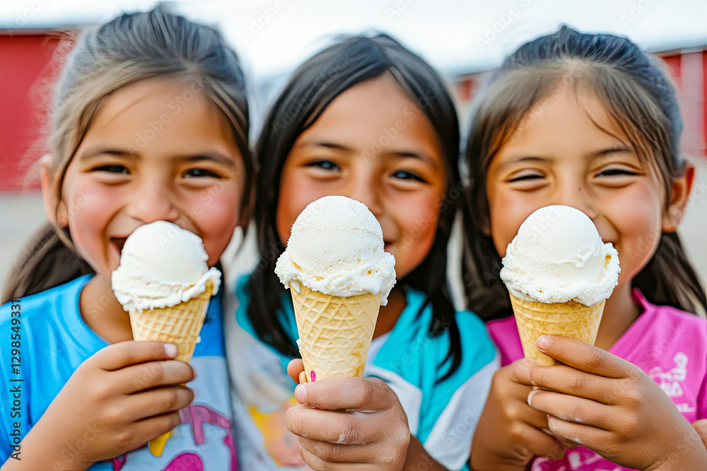 Laughing girls friends pre-teenage are sitting on the waterfront testing ice cream. Three teenagers enjoy ice cream on hot summer day. Laughing girls friends pre-teenage are sitting on the waterfront testing ice cream. Three teenagers enjoy ice cream on hot summer day.