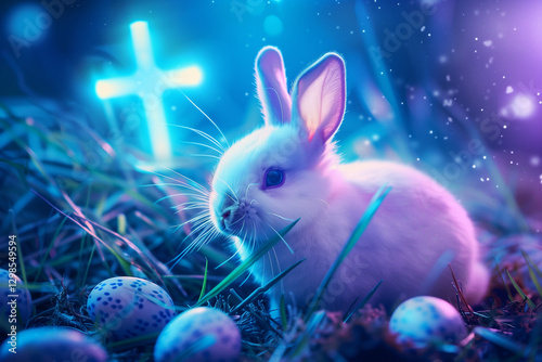 Easter bunny surrounded by colored easter eggs and cinematic lighting