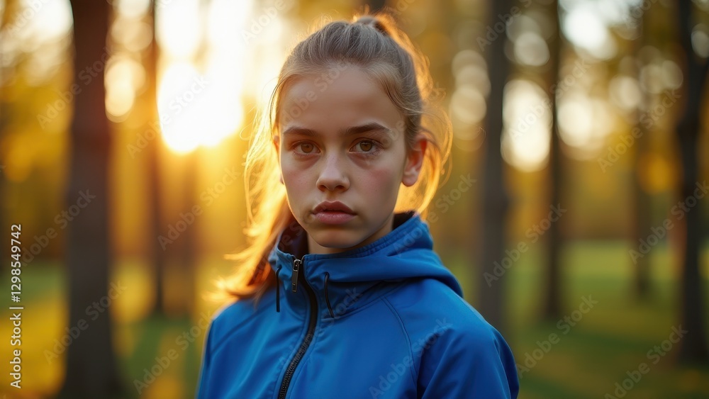 Team captain, Determined team captain in a blue jacket under golden sunlight with sharp focus and minimalistic background Team captain, Determined team captain in a blue jacket under golden sunlight with sharp focus and minimalistic background