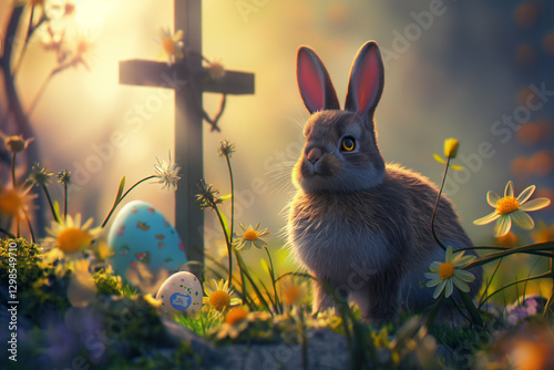 Easter bunny surrounded by colored easter eggs and cinematic lighting