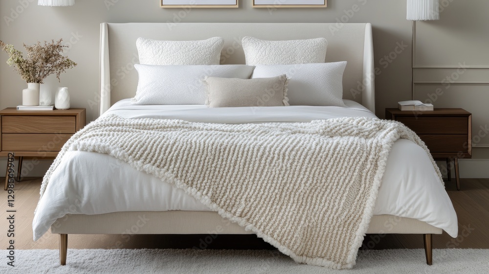 Obraz premium A white and beige bedding set with a soft, plush comforter, fluffy pillows, and a light throw blanket, placed on a modern bedframe.