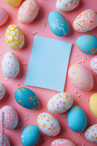 Easter flatlay of colored easter eggs and a blank card with copy space