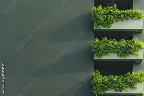Lush greenery cascades from modern balconies, enhancing urban ae