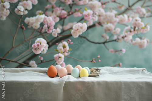 Colorful Easter eggs arranged on atable under a blooming cherry tree