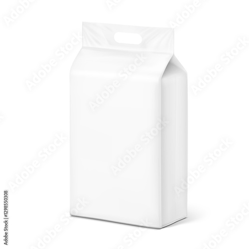 Realistic stand bag with hole handle mockup. Half side  view. Vector illustration isolated on white background. Suite for the presentation of diapers, wet wipes, pants changing mats.EPS10.