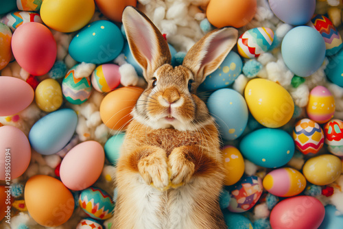  Smiling easter bunny laying on back with a lot of decorated eggs