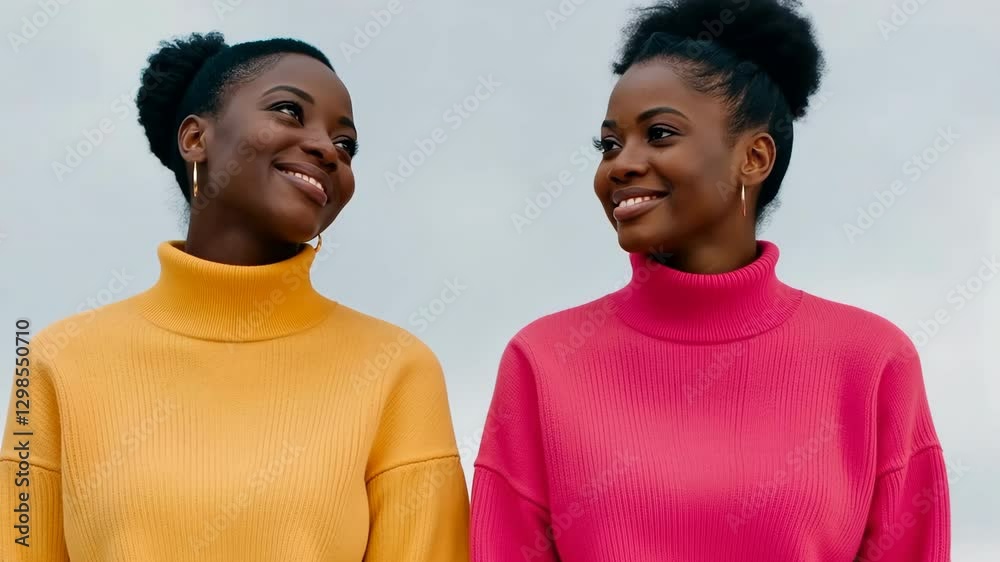 Two women wearing bright colored sweaters stand side by side Two women wearing bright colored sweaters stand side by side