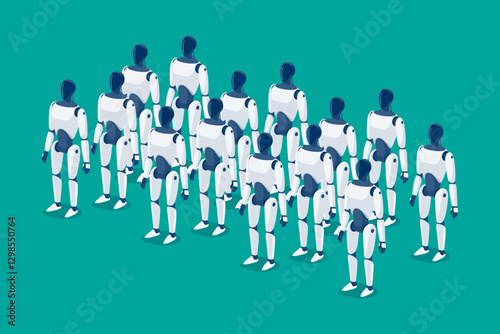 Humanoid robots workers army standing ready. Autonomous robotic machines industry. Artificial intelligence ai-powered bot android cyborg. Cyber robot replacing humans. Isolated vector illustration.