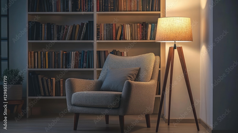 Cozy reading nook in a modern living room with a plush armchair, a floor lamp, and a bookshelf filled with books. Cozy reading nook in a modern living room with a plush armchair, a floor lamp, and a bookshelf filled with books.