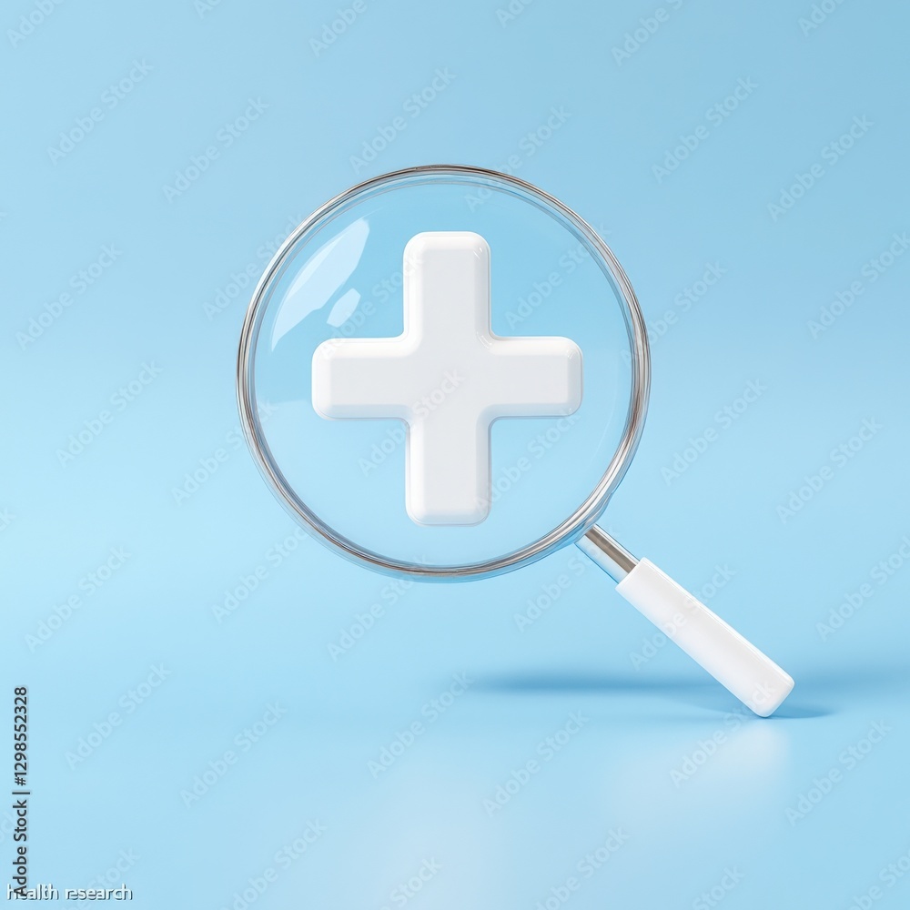 Obraz premium Medical Research Concept: Magnifying Glass Over White Plus Sign