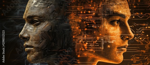 A digital art piece featuring two faces, one human and the other an AI robot with circuitry patterns in the background