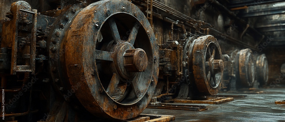 Rusty factory machinery, industrial decay, dark background, post-industrial setting Rusty factory machinery, industrial decay, dark background, post-industrial setting