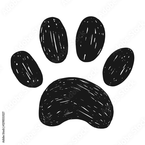 Paw Print Silhouette Icon Drawn in Pencil or Crayon Style. Trendy cat or dog paw symbol, crayon drawn on paper