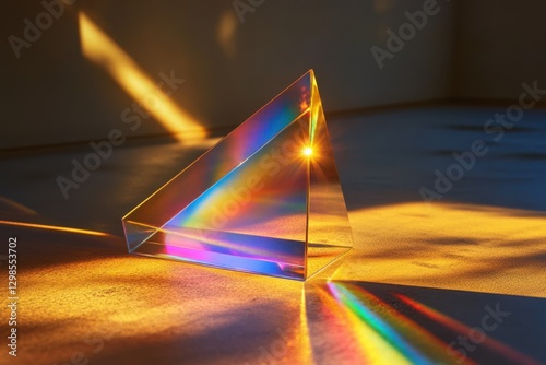 Light refracting through a prism creates a vibrant spectrum on a sunlit surface