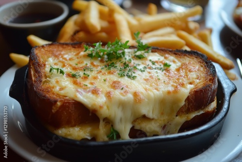 Croque Monsieur Toasted Sandwich with Ham and Cheese, French Grilled Lunch Meal photo