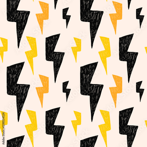 Pencil seamless pattern with bold groovy thunder lightning bolts. Fun bold crayon drawn thunder shapes pattern.