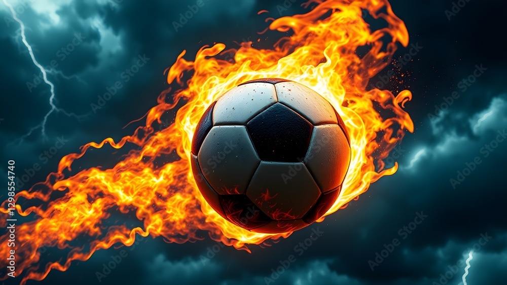 Naklejka premium Burning Football Flying in Stormy Sky