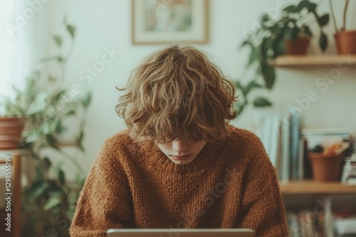 Seated cross-legged on an office table, a girl with short blonde hair holds a laptop, exemplifying a tomboy lifestyle that encourages inspiration, creativity, and career progression