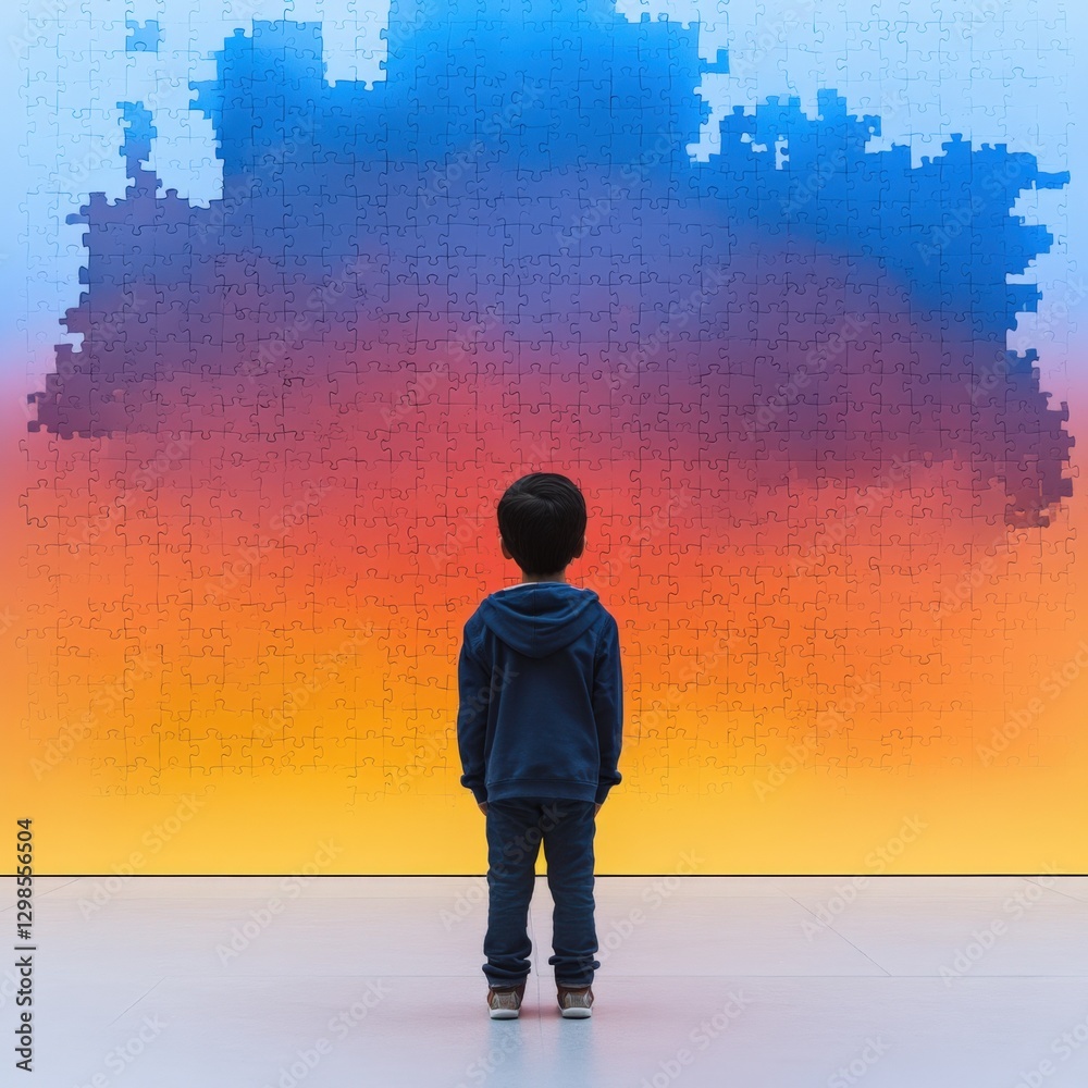child gazing at puzzle mural in art gallery child gazing at puzzle mural in art gallery