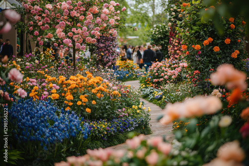 Exploring a vibrant floral garden filled with colorful blooms in spring, where visitors admire the artistry of nature and enjoy the lively atmosphere