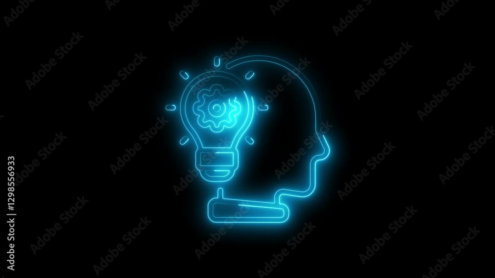 Glowing neon line Human head bulb icon on black background.. Glowing neon line Human head bulb icon on black background..