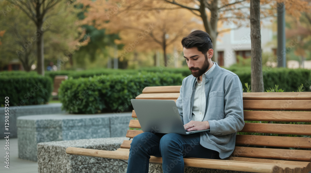 Fototapeta premium focused man using a laptop on a park bench