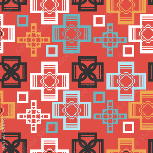 Seamless multicolored pattern with simple geometric elements and other decor. Restrained color palette. Vector illustration