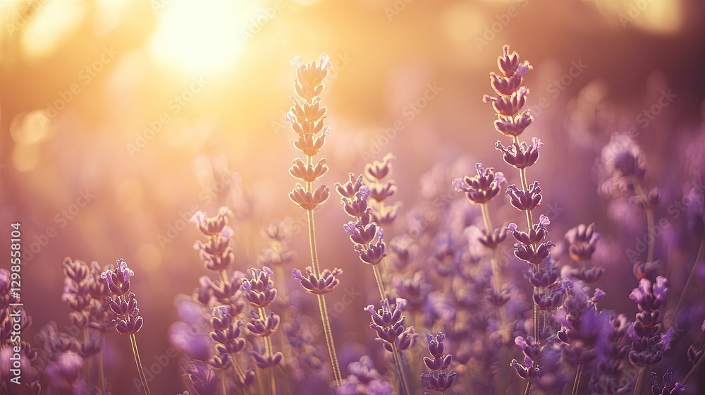 Fototapeta premium Field of lavender gently swaying in the wind, soft purple tones under golden sunset light, peaceful countryside feel.