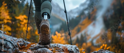 With plenty of room for text a close-up of a person hiking in the outdoors while wearing a prosthetic leg, Generative AI.