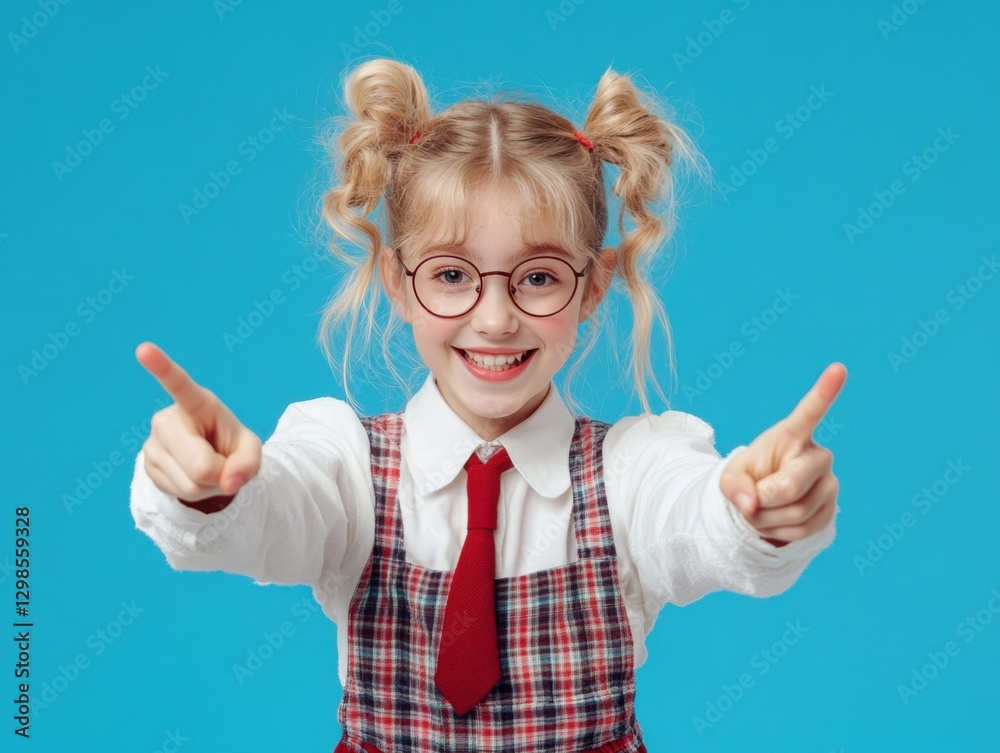 Smiling Schoolgirl Pointing Fingers on Blue Background Smiling Schoolgirl Pointing Fingers on Blue Background