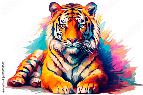 Colorful illustration of tiger on a white background, wild animal. Image created with AI