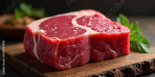 Raw buffalo meat, rich red color, marbling visible , natural, food photography photo