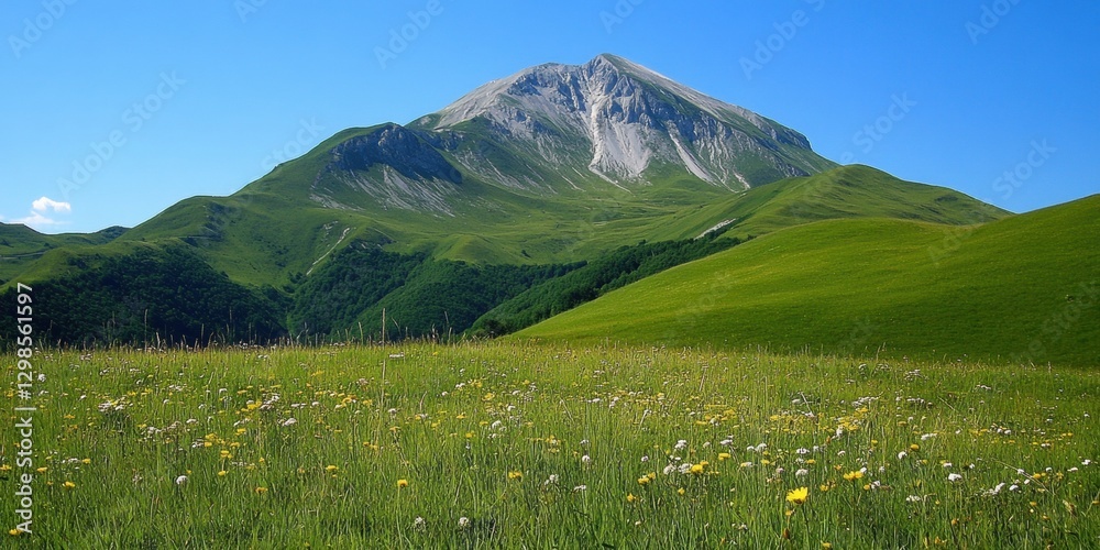 Obraz premium Vibrant wildflowers bloom in lush green fields at the foot of a majestic mountain under a clear blue sky