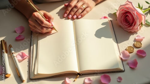 Wedding planner book, Artistic overhead view bride writing in planner rose petals pens seals on parchment under soft sunlight.