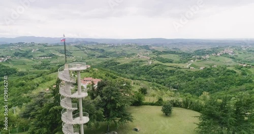 Aerial drone view pan of the Collio hills, Cormons, Nova Gorica near Gorizia. European Capital of Culture 2025. Typical local products vineyards and wines. Gonjače Tower places to visit and tradition.