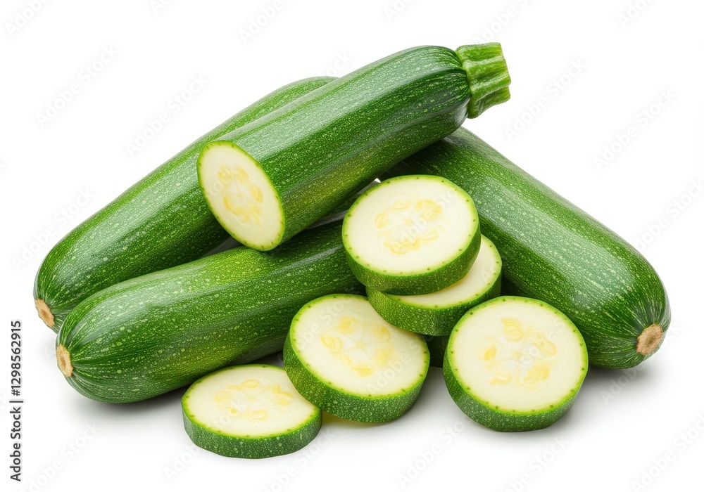 Fresh green zucchinis stacked together with a few slices showing the yellow interior isolated on white background Fresh green zucchinis stacked together with a few slices showing the yellow interior isolated on white background
