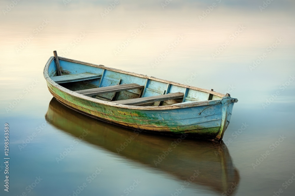 old row boat floating on calm water old row boat floating on calm water