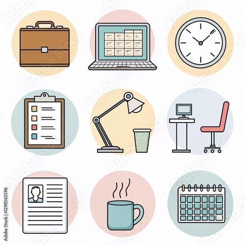 Work-related icons featuring briefcase, laptop, clock, and office supplies for productivity and business themes

