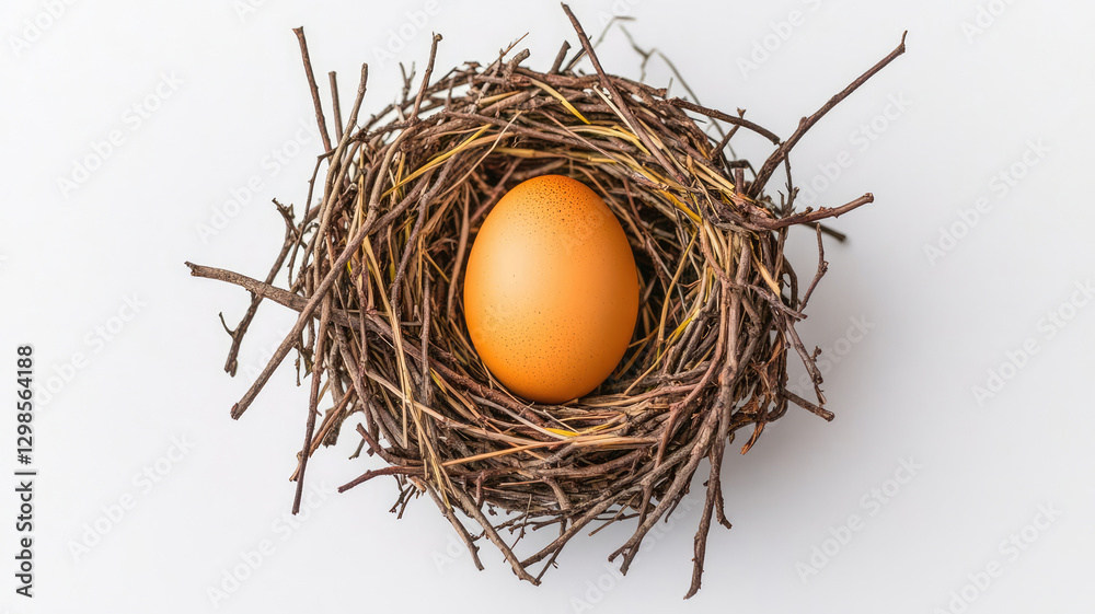 Brown egg within a rustic nest made of interwoven twigs and straw, isolated on a white background Brown egg within a rustic nest made of interwoven twigs and straw, isolated on a white background