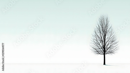 Solitary Tree: A solitary tree, its branches bare against a muted, expansive sky, stands in stark contrast to the minimalist snow-covered landscape, evoking feelings of solitude and resilience.
