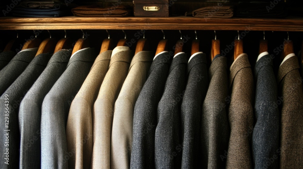 Organized wardrobe with matching wooden hangers, perfectly folded clothes, and a soft, neutral color scheme.