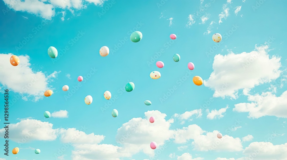 Fototapeta premium Pastel blue sky with fluffy white clouds, tiny floating Easter eggs drifting gently, creating a whimsical seasonal feel.