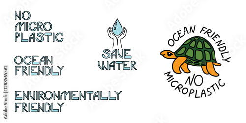 Eco Friendly lifestyle quotes that Promote Sustainability. Save Water and Turtle logo as ecological symbols. Bold letters with black contour. Earth Day set of vector elements on isolated background.