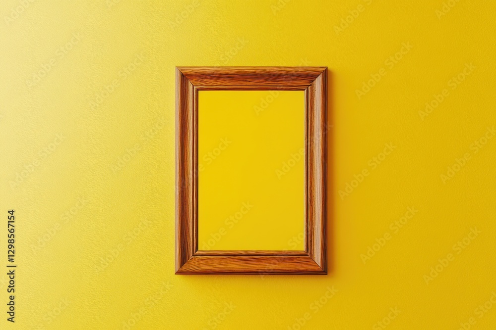 A wooden frame with a yellow insert hangs on a yellow wall A wooden frame with a yellow insert hangs on a yellow wall