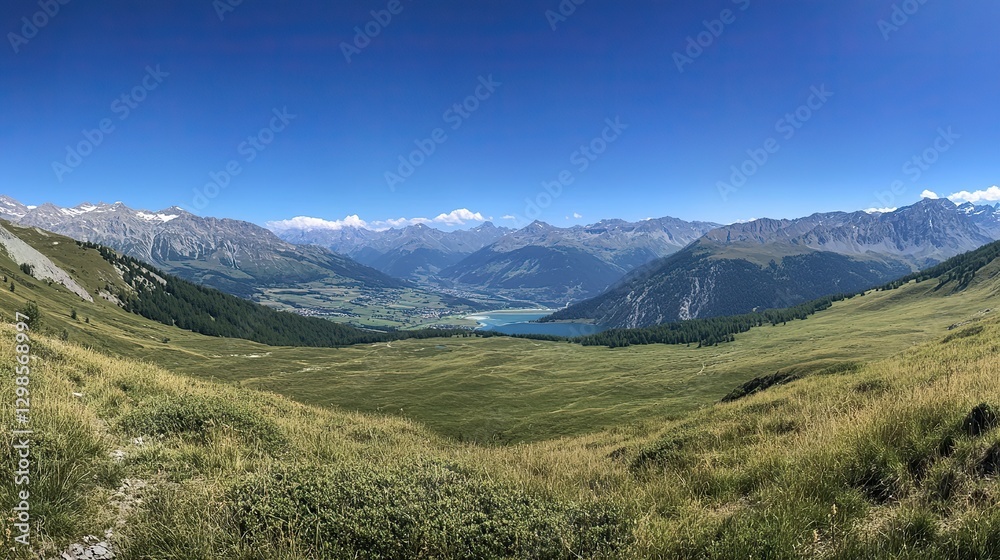 Fototapeta premium Tranquil Alpine Lake with Grass-Covered Hills and Clear Blue Sky, Capturing the Essence of Summer in the Alps, Ideal for Travel and Nature-Themed Designs