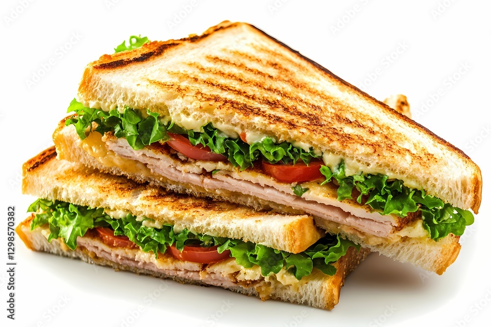 Grilled ham cheese club sandwich. isolate on white background. breakfast food advertising photo Grilled ham cheese club sandwich. isolate on white background. breakfast food advertising photo